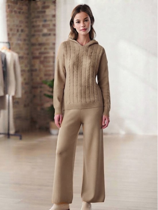 Solid Color Knitted Hooded Sweater and Pants Set